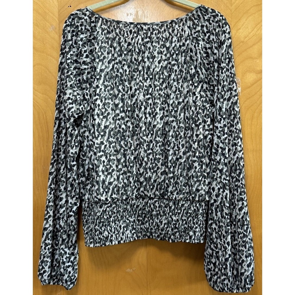 White House Black Market Smocked Waist Camouflage Lined Meshy Top Sz L - Picture 2 of 12